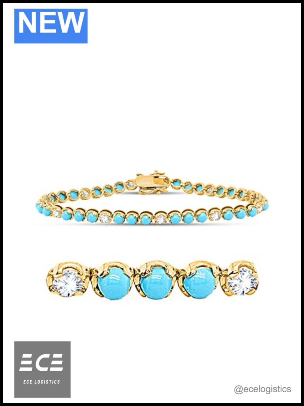 Turquoise Diamond Tennis Bracelet 14K Yellow Gold Over 925 Sterling Silver 3MM